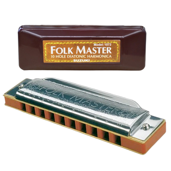 A silver diatonic harmonica with a brown plastic comb, resting beneath a dark burgundy plastic carrying case with a gold and brown label reading Folkmaster.