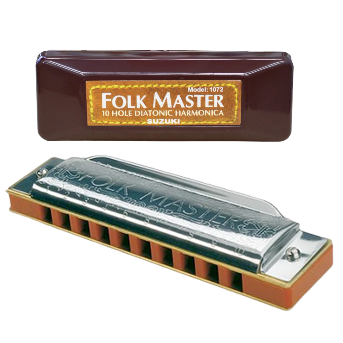 A silver diatonic harmonica with a brown plastic comb, resting beneath a dark burgundy plastic carrying case with a gold and brown label reading Folkmaster.