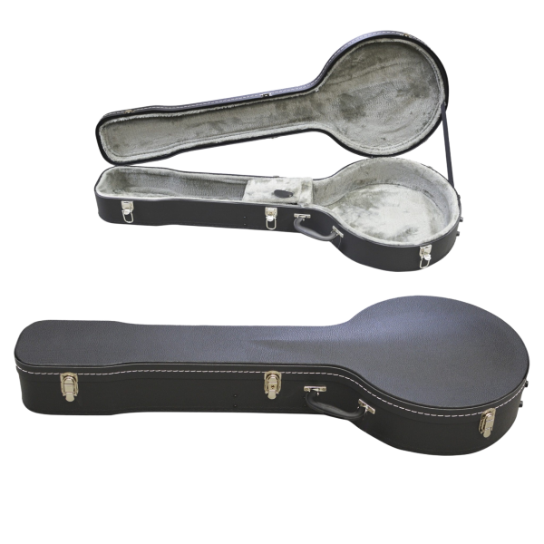 Black banjo hard case with silver latches shown closed, accompanied by an open view displaying a light grey plush interior lining and storage compartment.