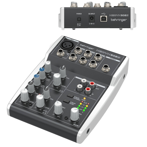 Behringer XENYX 502S 5-channel mixer displaying the top panel knobs and inputs, accompanied by an inset image showing the rear power and USB connection ports.