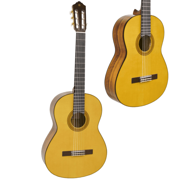 Yamaha CG162S classical guitar showcasing the solid spruce top, intricate soundhole rosette, and ovangkol back/sides.