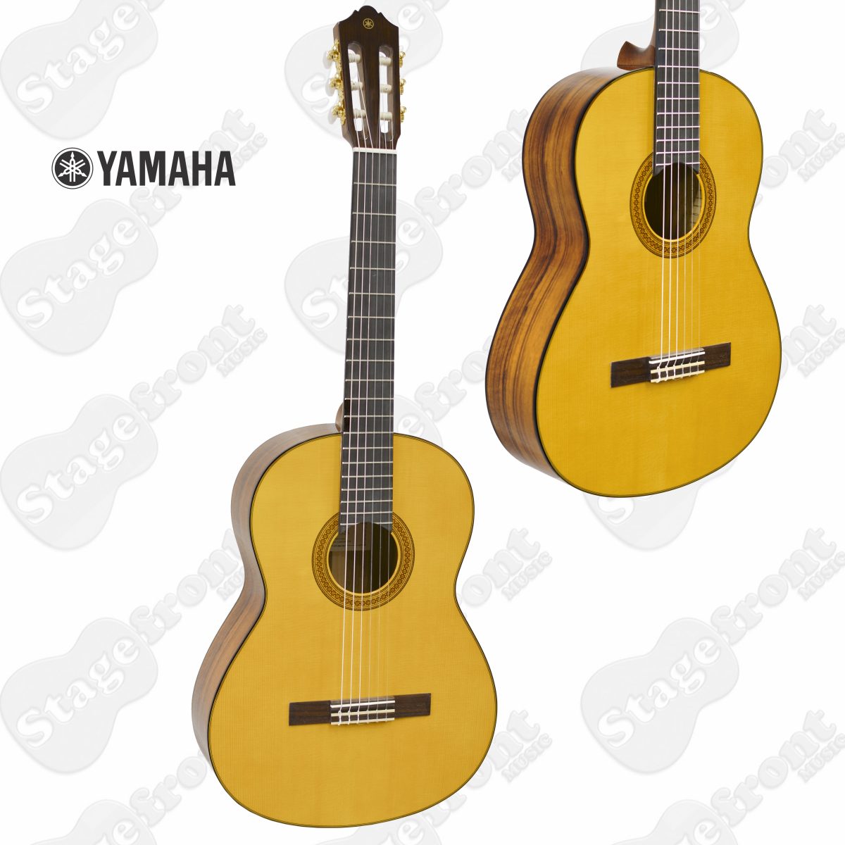 Yamaha CG142S nylon-string classical guitar displaying a full body view alongside a detailed close-up of the gloss-finished solid spruce top and traditional classical rosette.