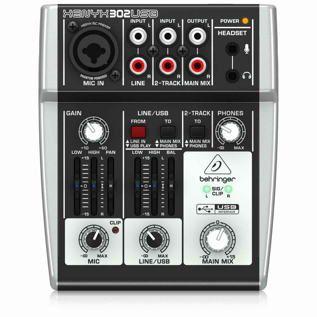 A Behringer Xenyx 302USB compact mixer viewed from a top-down angle, showcasing its knobs, sliders, and input jacks on a dark surface.