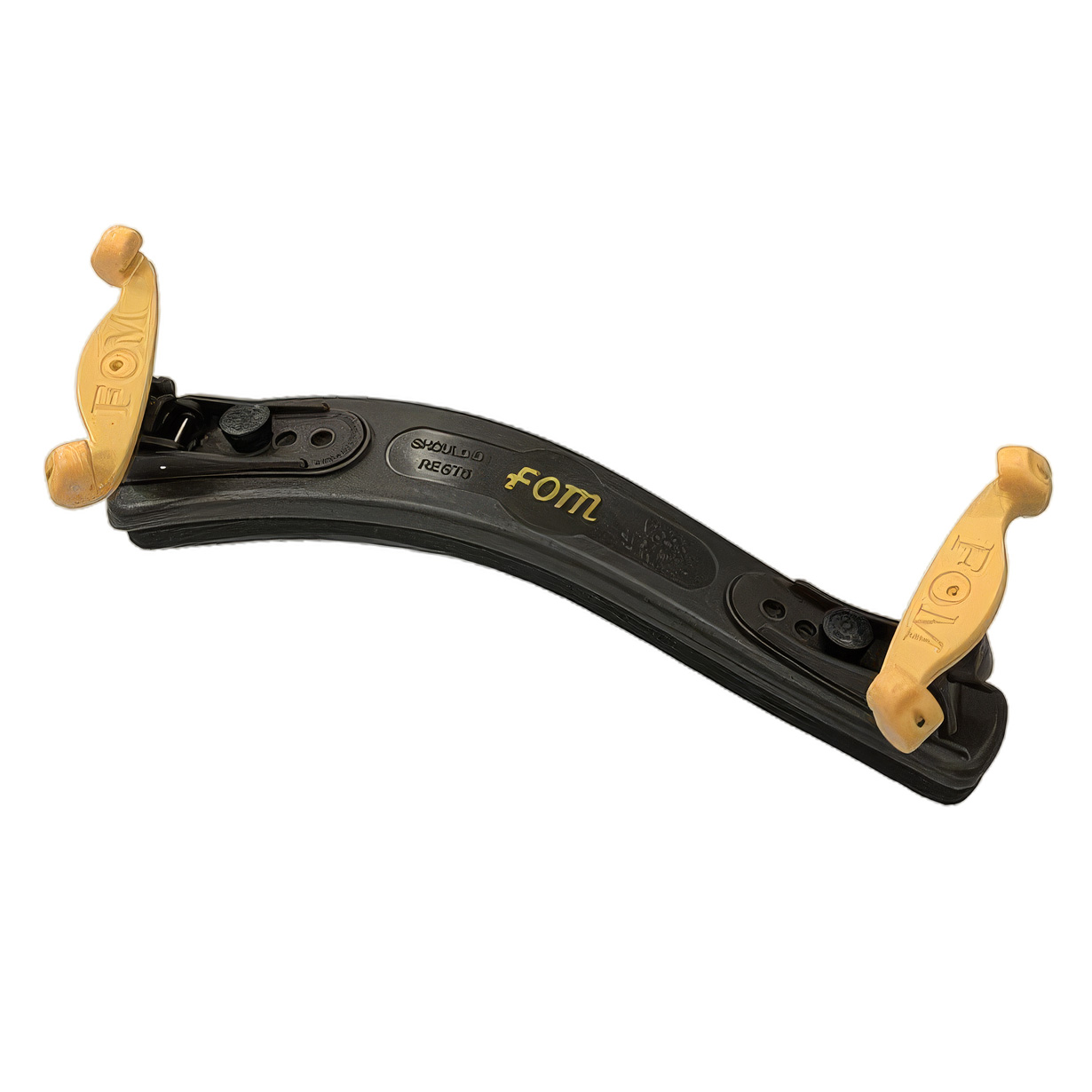A small black FOM violin shoulder rest with a foam cushion and tan adjustable mounting feet on either end.