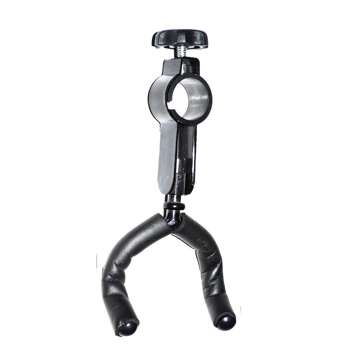 A black metal clamp with a tightening knob attached to a downward-facing yoke covered in thick, black protective padding, ending in two rounded end caps.