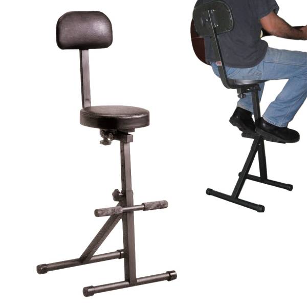 A standalone black CPK GS620 guitarist stool featuring a round padded seat, rectangular backrest, and adjustable tubular metal frame with a footrest. A secondary inset image on the right shows a musician seated on the stool playing an acoustic guitar, demonstrating the ergonomic support of the backrest and footrest.