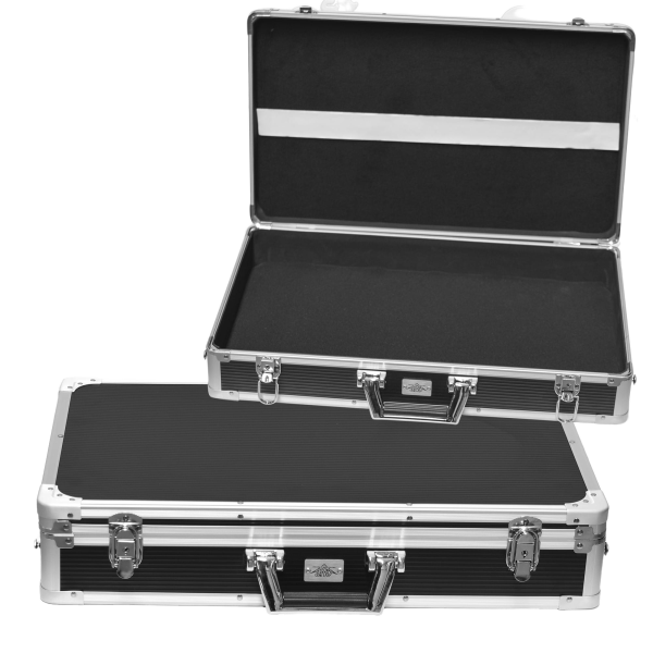 Two silver and black ribbed aluminum pedal roadcases. One case is shown closed in the foreground. The second case is positioned behind it, open with the top lid propped up to reveal the empty black interior lining.