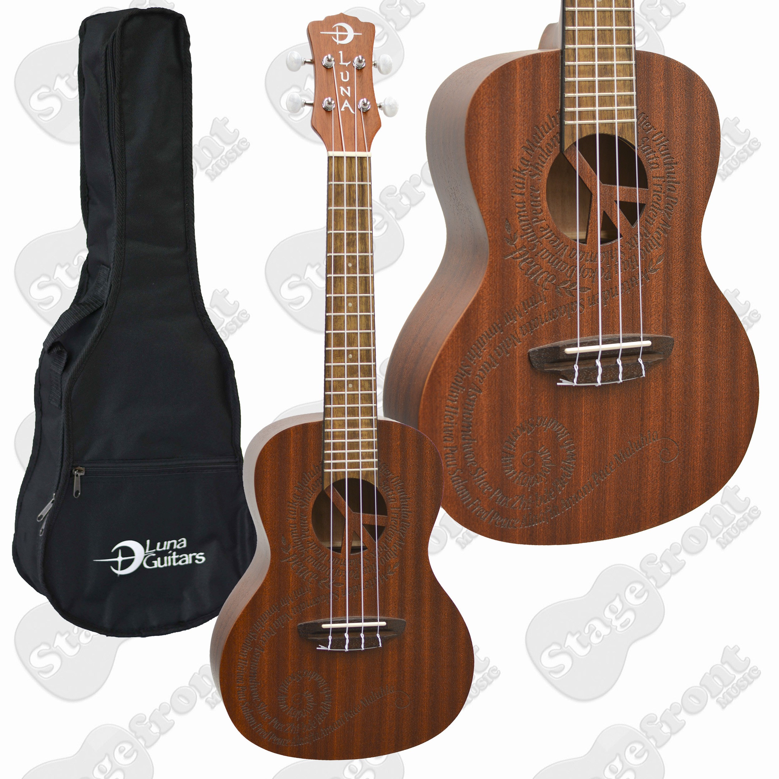 A straight-on view of a mahogany concert ukulele featuring a peace sign soundhole and laser-etched words swirling across the instrument's body