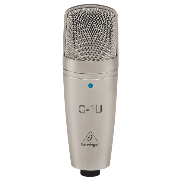 A Behringer C-1U microphone positioned next to an open, foam-lined hard carrying case and a swivel stand mount.