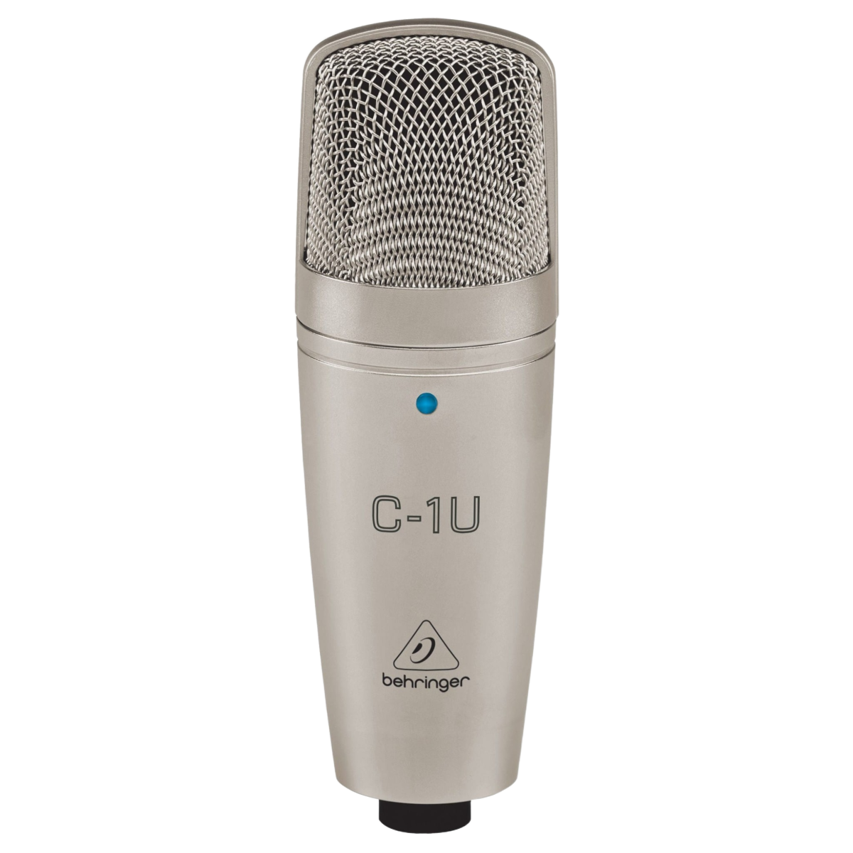 A Behringer C-1U microphone positioned next to an open, foam-lined hard carrying case and a swivel stand mount.