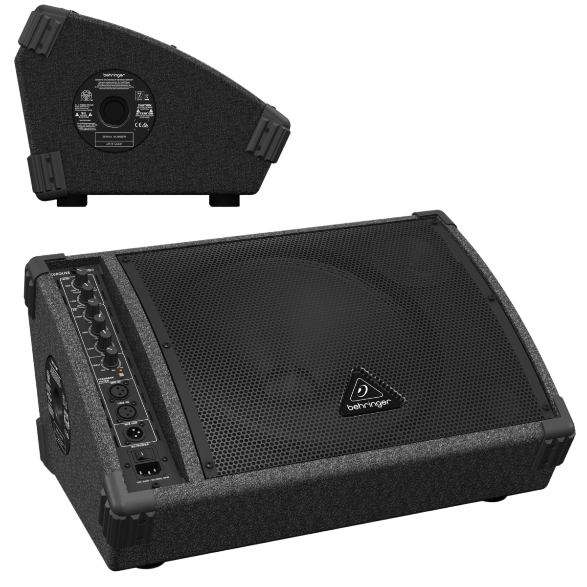The Behringer F1220D wedge speaker featuring a robust black housing, front metal grille, and an inset showing a close-up of the rear informational label.