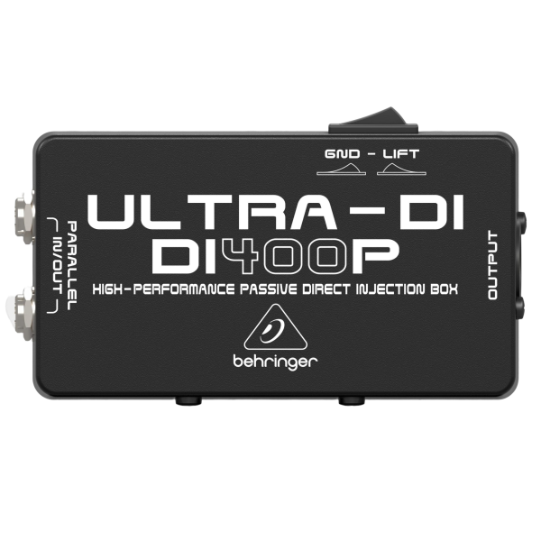 A silver Behringer Ultra-DI DI400P passive direct injection box showing its input and output jacks.