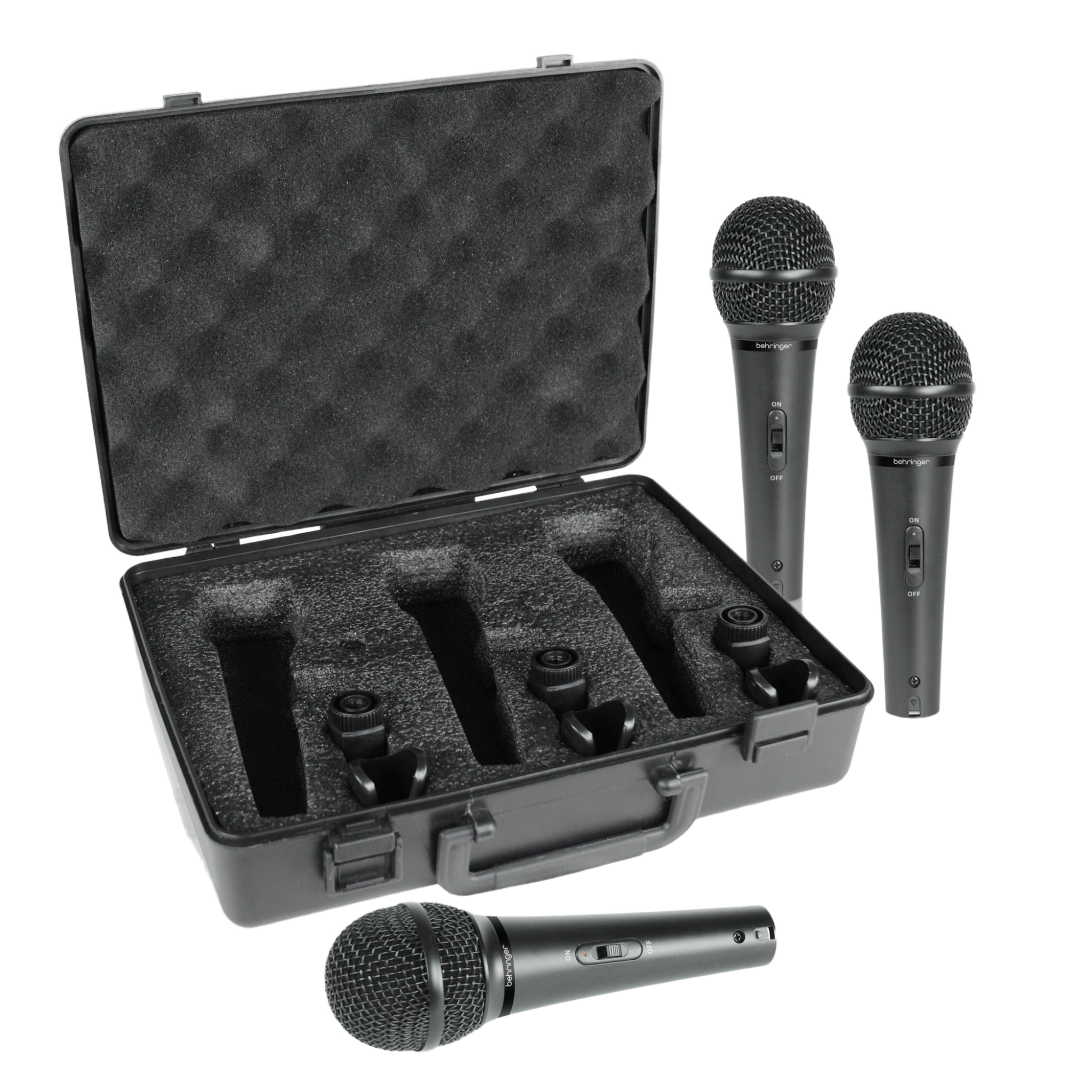 Three Behringer Ultravoice XM1800S dynamic handheld microphones.