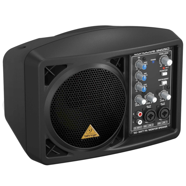 A black Behringer B205D personal monitor speaker showing a front-facing metal grille, input jacks, and control knobs.