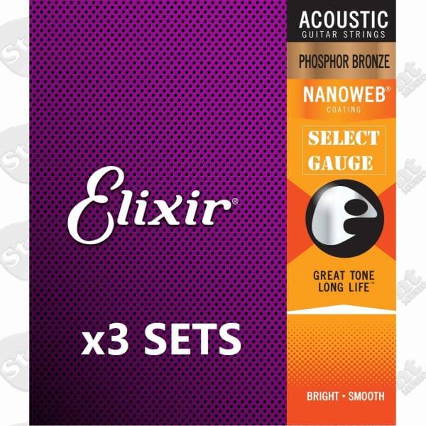 3 SETS OF ELIXIR ACOUSTIC NANOWEB PHOSPHOR BRONZE GUITAR STRINGS - SELECT GAUGE