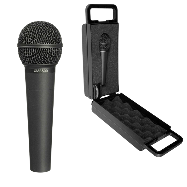 A black Behringer XM8500 dynamic vocal microphone positioned next to a microphone stand clip and a custom-molded black plastic carrying case.