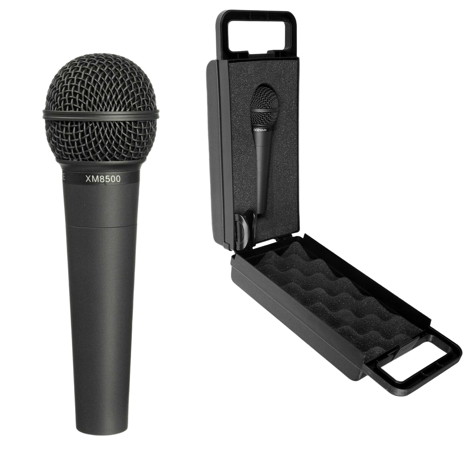 A black Behringer XM8500 dynamic vocal microphone positioned next to a microphone stand clip and a custom-molded black plastic carrying case.