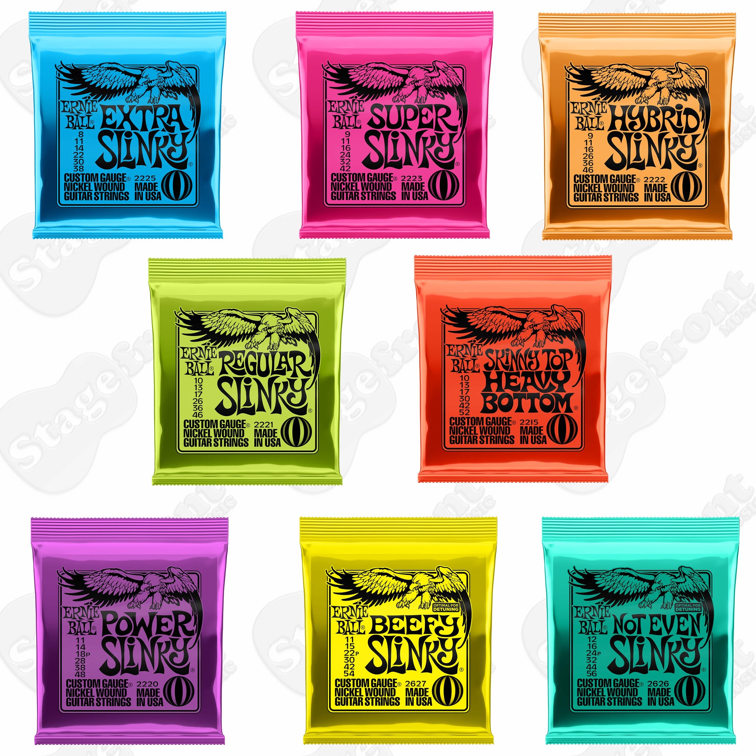 A grid of nine brightly colored Ernie Ball Slinky electric guitar string foil packaging packs, displaying various gauge options including Extra, Regular, and Beefy Slinky.