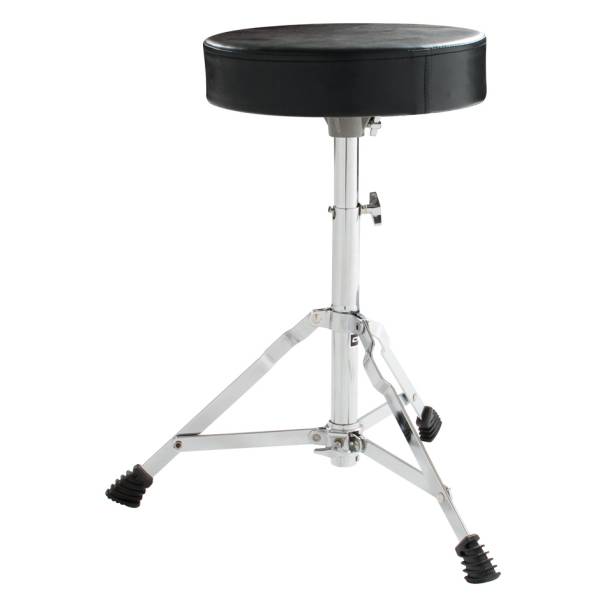A drum stool featuring a round black padded seat, mounted on a silver chrome single-braced tripod base with ridged black rubber feet.