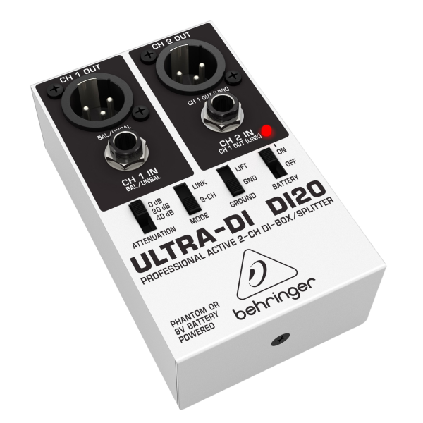 An angled view of the silver and black Behringer Ultra-DI DI20 professional active 2-channel DI-box and splitter, showcasing its top switches and input jacks.