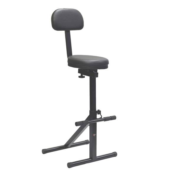A black Xtreme GS614 performer guitar stool with a round padded seat, a rectangular padded backrest, and an adjustable heavy-duty tubular metal frame with a built-in footrest, shown against a plain white background.