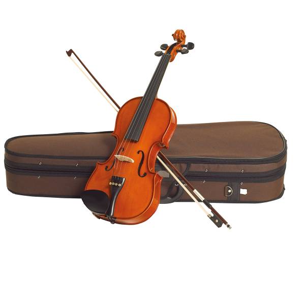 A Stentor Standard violin with a wooden bow resting diagonally across its body, positioned in front of a closed brown fabric instrument case against a white background.