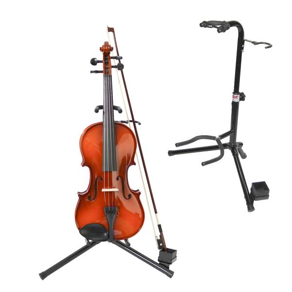 A wooden violin resting securely on a black tubular metal stand, with a wooden violin bow hanging from a dedicated hook on the stand's upper tier.