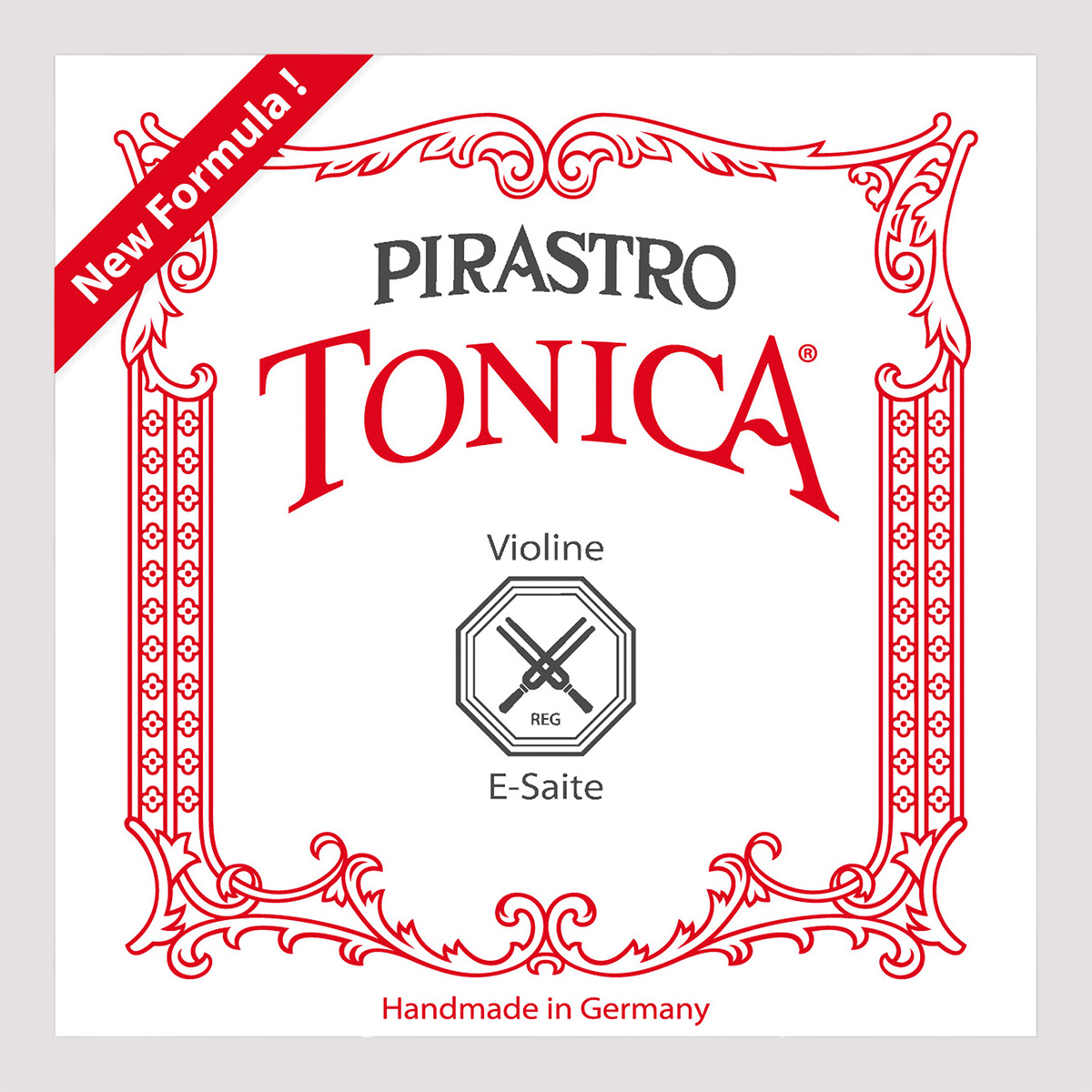A square white paper envelope for a Pirastro Tonica violin E-string, featuring a red ornamental border, the Pirastro logo, and text indicating a new formula and handmade German origin.