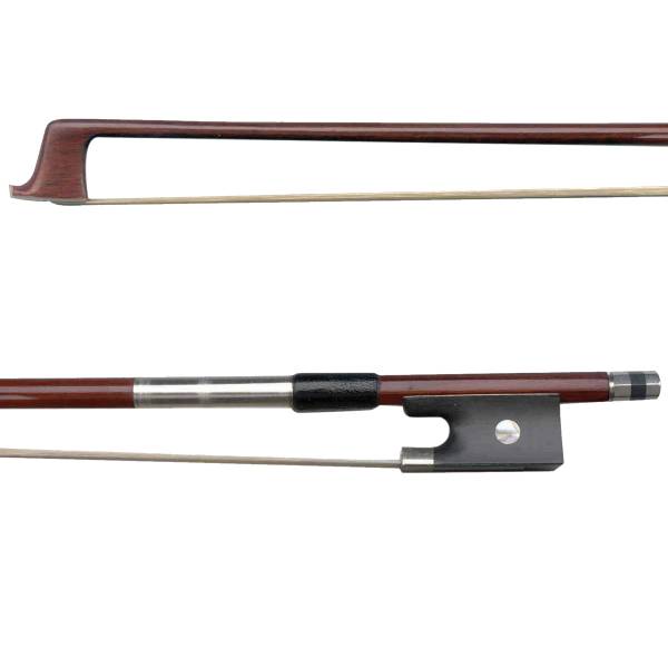 A close-up split image of a round hardwood violin bow showing a half-lined frog with a pearl eye, silver-coloured winding, leather grip, and the bow tip.
