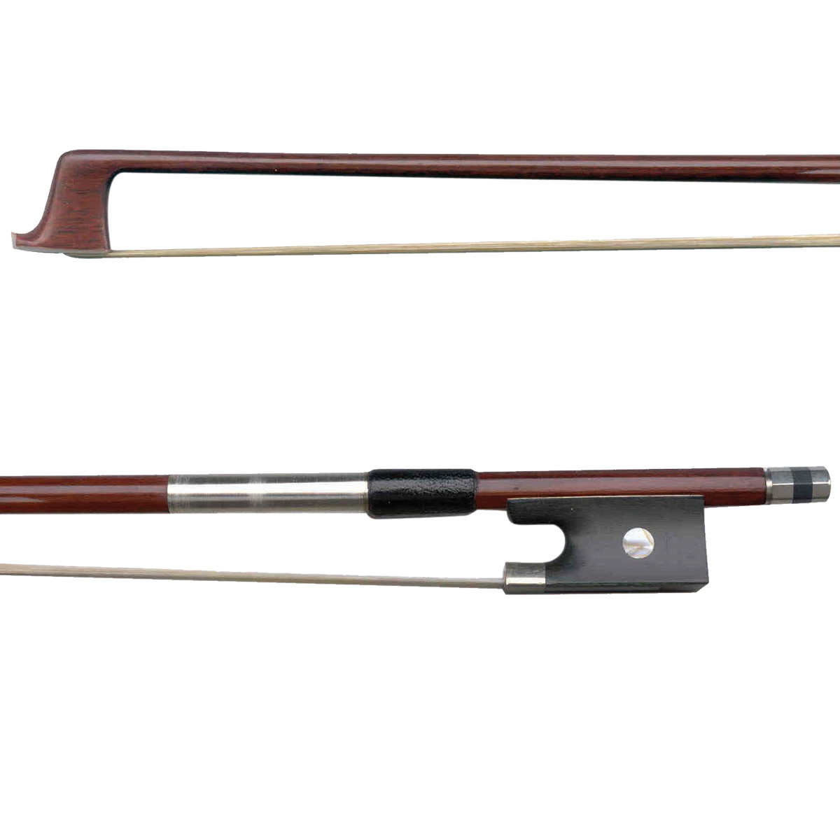 A close-up split image of a round hardwood violin bow showing a half-lined frog with a pearl eye, silver-coloured winding, leather grip, and the bow tip.