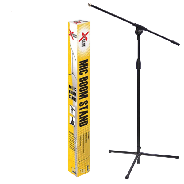 Black microphone boom stand with a tripod base set up next to its tall, yellow and black retail display packaging, which features printed illustrations of the stand.
