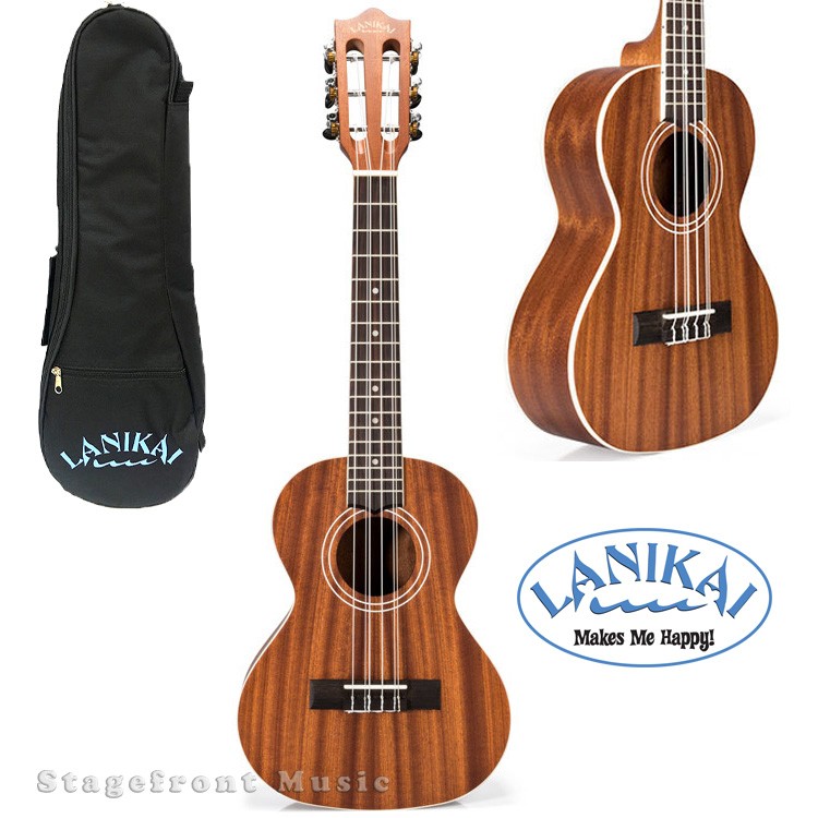 A six-string tenor ukulele with a mahogany wood body.