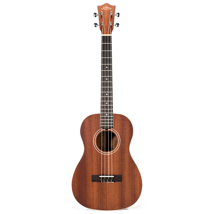 A four-string baritone ukulele with a mahogany wood body.