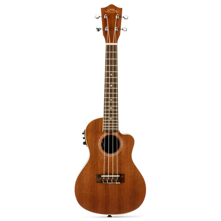 A four-string concert ukulele with a mahogany wood body, a cutaway, and a side-mounted preamp.