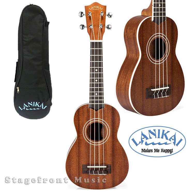 Figure-eight style soprano ukulele featuring a mahogany body, dark fingerboard, and a multi-ring white soundhole rosette.