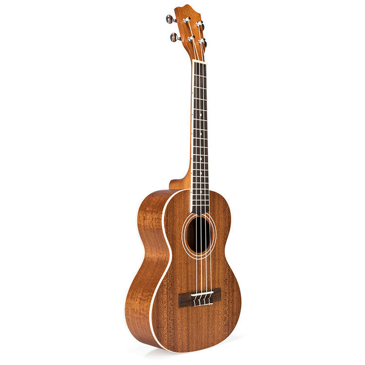 Tenor ukulele featuring a mahogany body, white body binding, dark fingerboard, and silver tuning machines.