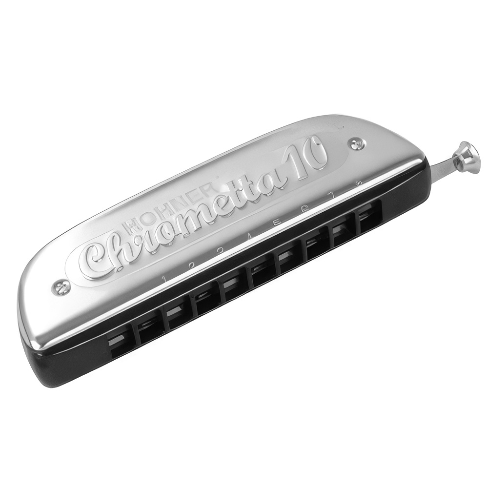 Hohner Chrometta 10 chromatic harmonica featuring sleek, rounded silver cover plates and a prominent slide button on the right side.