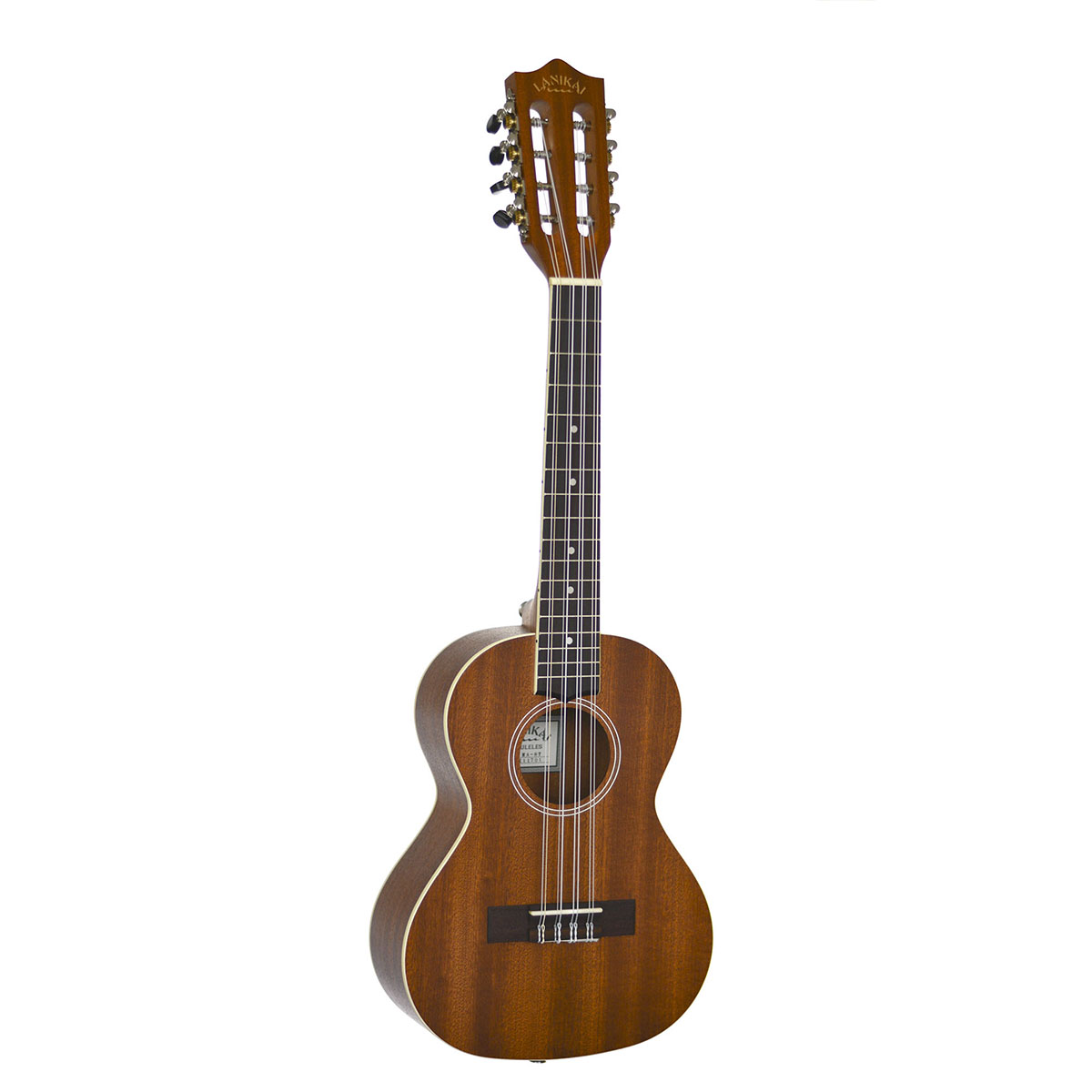 An eight-string tenor ukulele with a mahogany wood body and a slotted headstock.