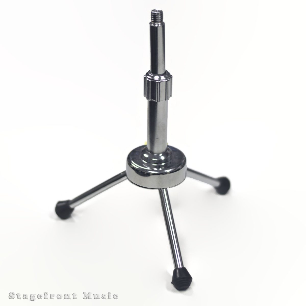 Chrome desktop microphone stand featuring a tripod base with three black rubber feet and a telescopic vertical pole with a textured locking clutch.