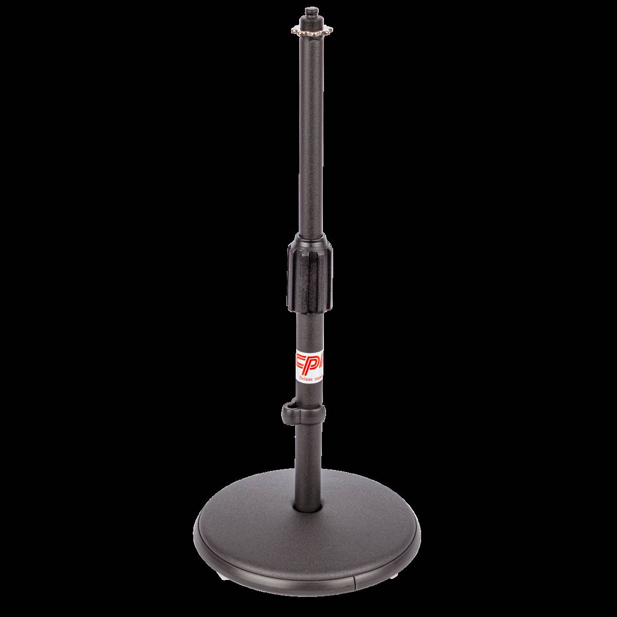 Black microphone desk stand with a flat round base, adjustable twist clutch, and a red and white Deluxe stand sticker on the upright pole.