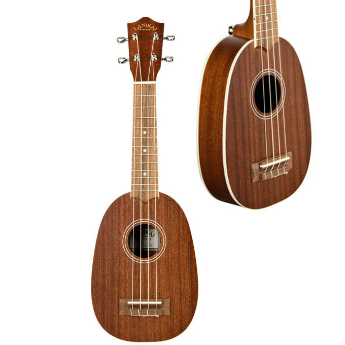 Pineapple-shaped soprano ukulele with a mahogany body and white binding. A secondary inset highlights a close-up view of the ukulele's body, soundhole, and bridge.
