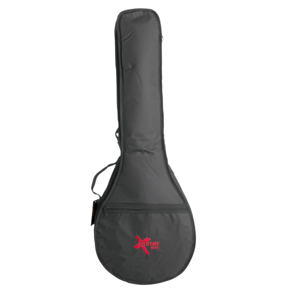 Black nylon gig bag shaped for a banjo, featuring a zippered front pocket, a carrying handle, and a red Xtreme bags logo.