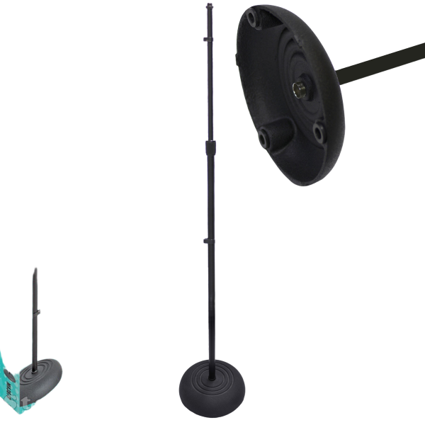 Straight black microphone stand featuring a black upright pole, a heavy domed black ridged round base, and a single black cable management clip attached to the pole.