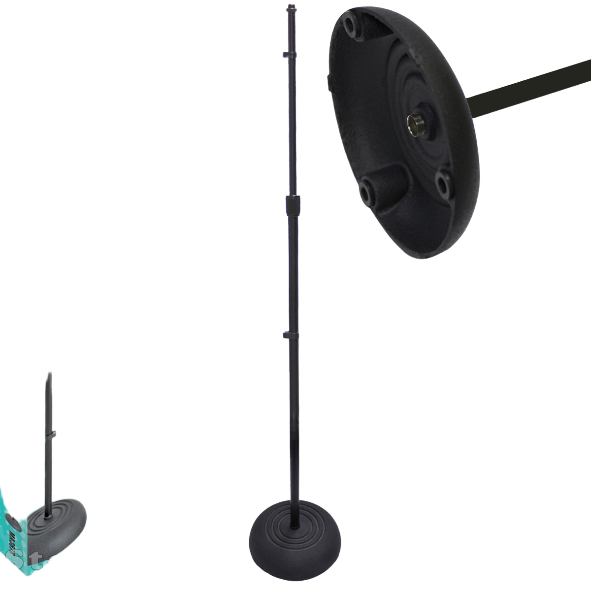 Straight black microphone stand featuring a black upright pole, a heavy domed black ridged round base, and a single black cable management clip attached to the pole.