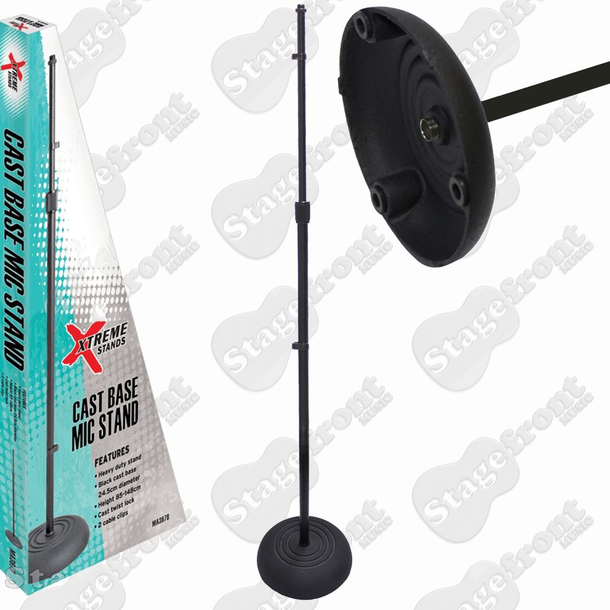 Straight black microphone stand featuring a black upright pole, a heavy domed black ridged round base, and a single black cable management clip attached to the pole.