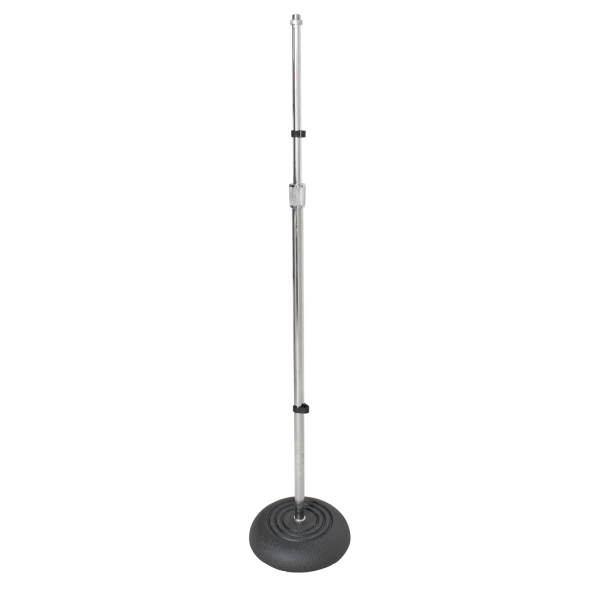 Straight microphone stand featuring a chrome upright pole, a heavy domed black ridged round base, and two black cable management clips attached to the pole.