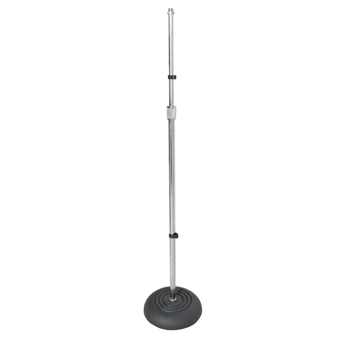 Straight microphone stand featuring a chrome upright pole, a heavy domed black ridged round base, and two black cable management clips attached to the pole.