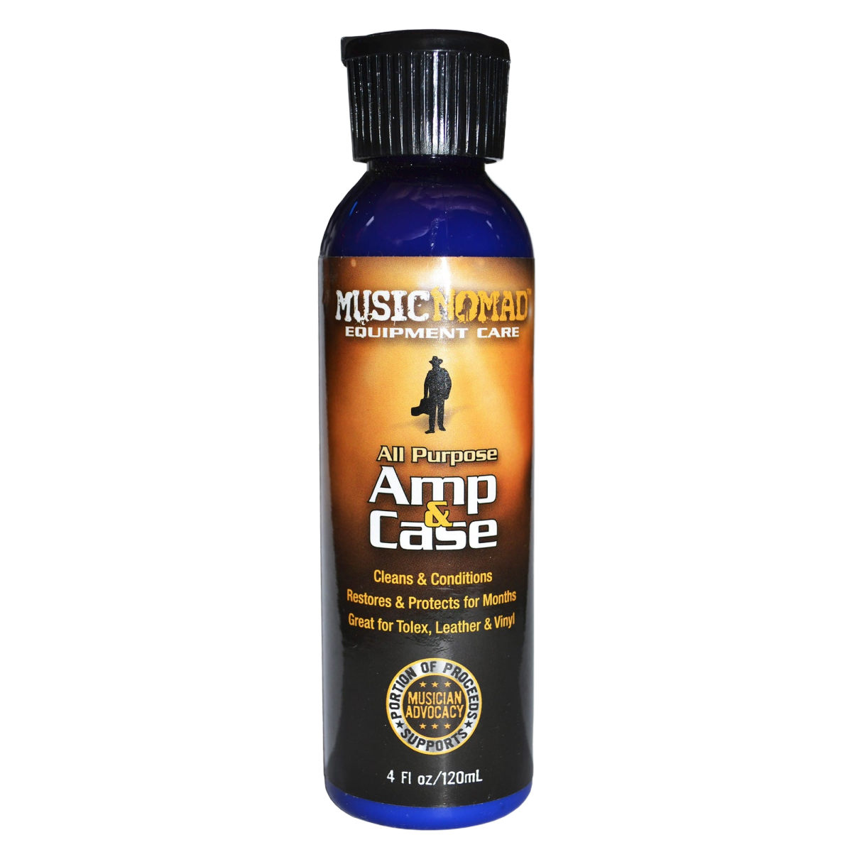 A single bottle of Music Nomad All Purpose Amp & Case cleaner with a black cap.