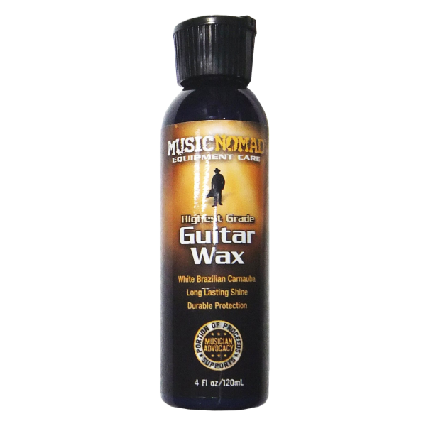A single dark bottle of Music Nomad Highest Grade Guitar Wax with a black cap.