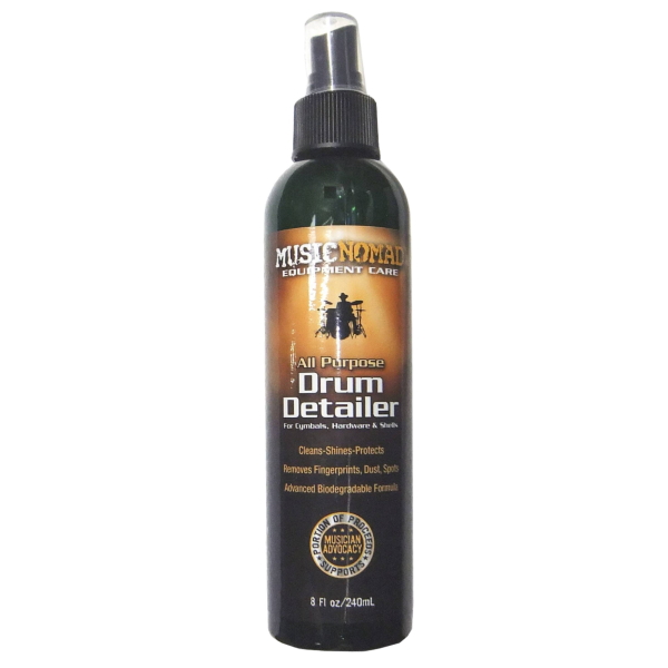 Single eight ounce bottle of Music Nomad Drum Detailer spray.
